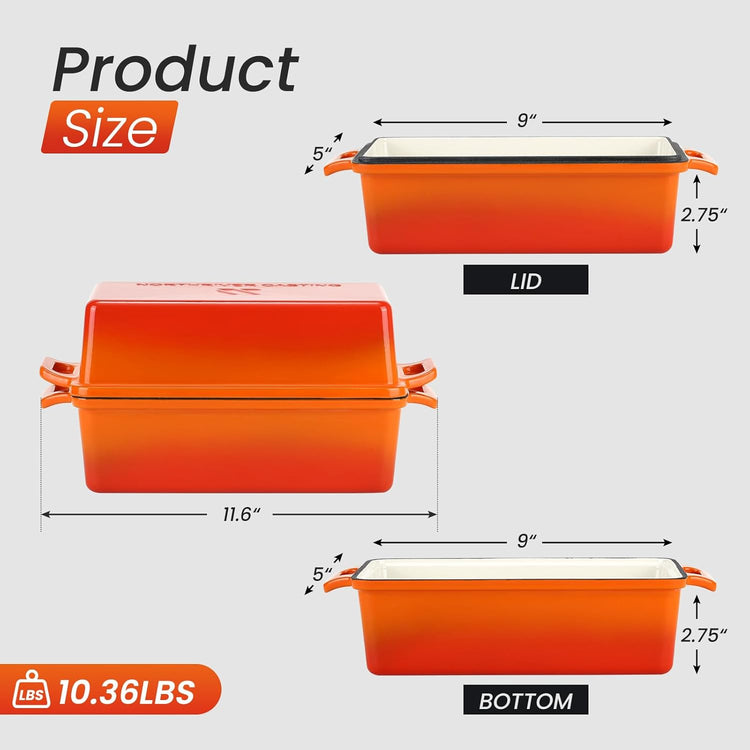 Enameled Cast Iron Loaf Pan with Lid, Best Bread Oven, Bread Loaf Pans for Baking Homemade Sourdough Bread 9x5, 2 Piece set, Flame