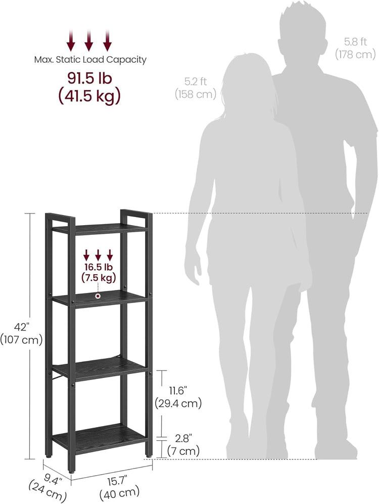 VASAGLE 4-Tier Bookshelf, Bookcase with Steel Frame, Book Shelf for Living Room, Home Office, Study, 9.4 x 15.7 x 42 Inches, Industrial Style, Ebony Black and Ink Black ULLS099B56