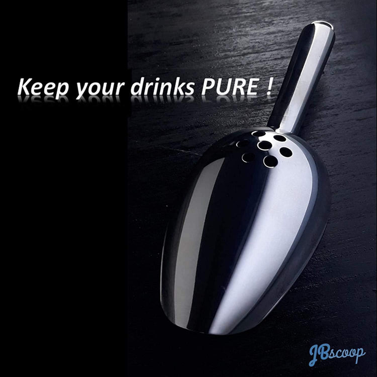 Large Ice Scoop with Holes. Stainless Steel Ice Scoop with Drain Holes to Reduce Unwanted Dilution. Heavy Duty and Dishwasher Safe. Six Ounce Capacity