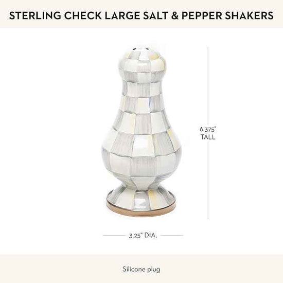 MACKENZIE-CHILDS Enamel Salt and Pepper Shakers, Kitchen Table Spice Shaker Set, Gray-and-White Sterling Check, Large
