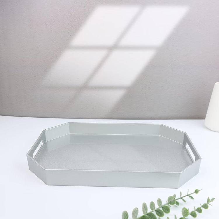 Spsyrine Silver Plastic Serving Tray for Ottoman, Coffee Table, Octagon Decorative Tray for Entertaining, Outdoor, Living Room, Home Decor