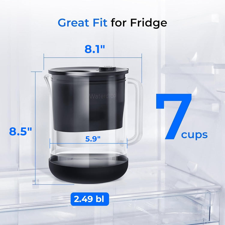 Waterdrop Glass Water Filter Pitcher with 1 Filter, Eco-Friendly, with NSF 53&42&372 Certified Filter, 7-Cup, Reduces PFOA/PFOS, Chlorine, Cadmium, Copper, Mercury, BPA Free, Easy to Clean, Black