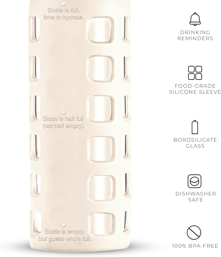 purifyou 40oz / 32oz / 22oz / 12oz Borosilicate Glass Water Bottle with Time & Volume Markers, Silicone Sleeve, Stainless Steel Lid – Reusable Glass Bottle for Water & Juice (12oz Pearled Ivory)