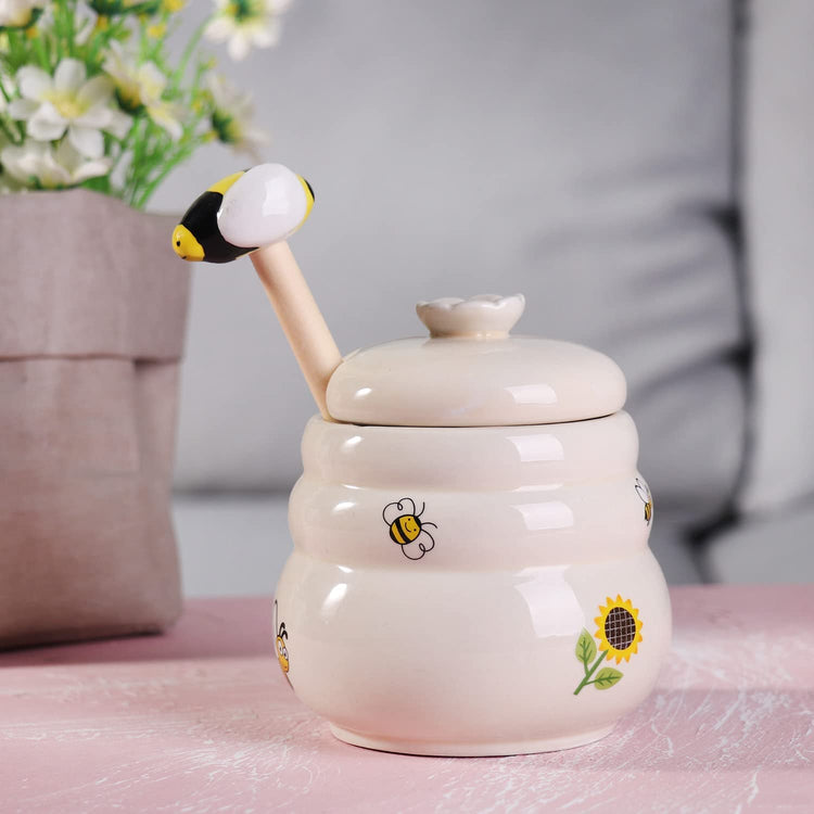 Ceramic Honey Jar With Wooden Honey Dipper