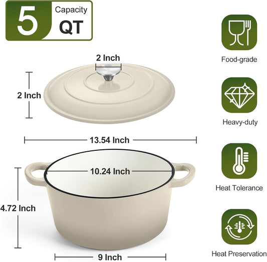 P&P CHEF 5QT Enameled Dutch Oven, Cast Iron Dutch Oven Pot with Lid for Bread Baking, Enameled Casserole Pot for Roasting Braising Stewing Frying Simmering, Various Stoves & Easy Clean, Khaki - Nestoria