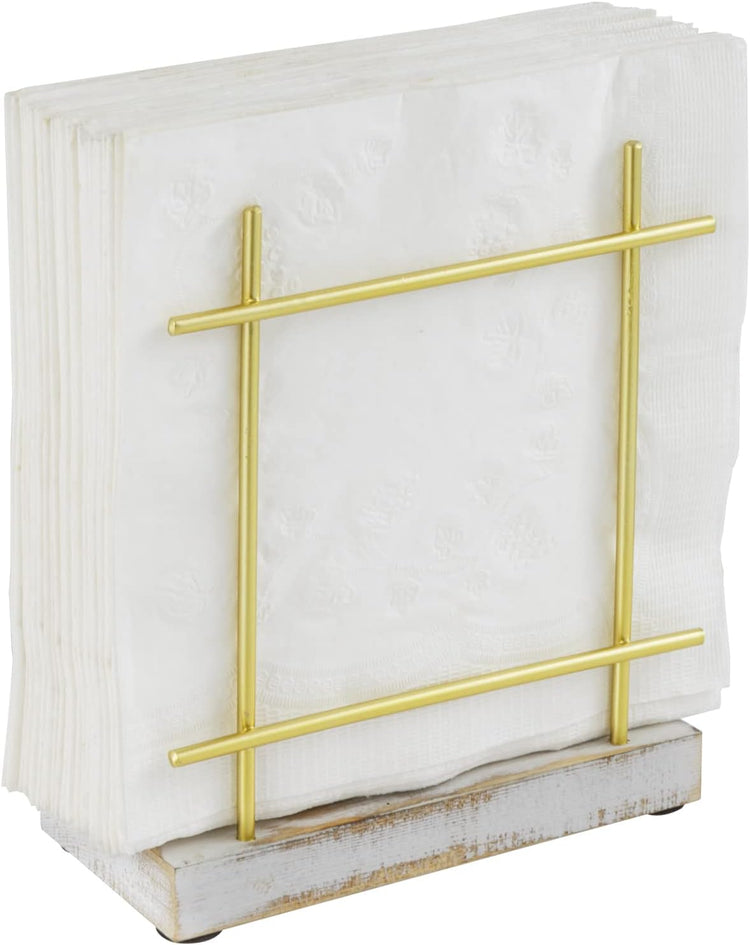 MyGift Metal Napkin Holder with Shabby Whitewashed Solid Wood Base, Dining Table Square Napkin and Cocktail Serviette Dispenser Rack, Kitchen and Dining Accessories