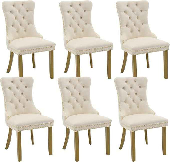 Velvet Dining Chairs Set of 6, Kitchen & Dining Room Chairs, Upholstered Dining Chairs with Back Ring Pull and Golden Solid Wood Legs, Modern Tufted Kitchen Chairs for Dining Room, Cream