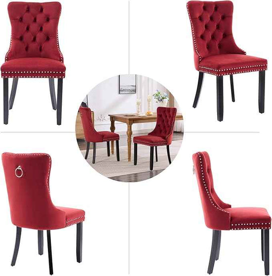 Velvet Dining Chairs Set of 4, Upholstered Dining Room Chairs with Back Ring Pull Trim and Solid Wood Legs,Tufted Wingback Kitchen Chairs for Dining Room,Kitchen(Wine Red)