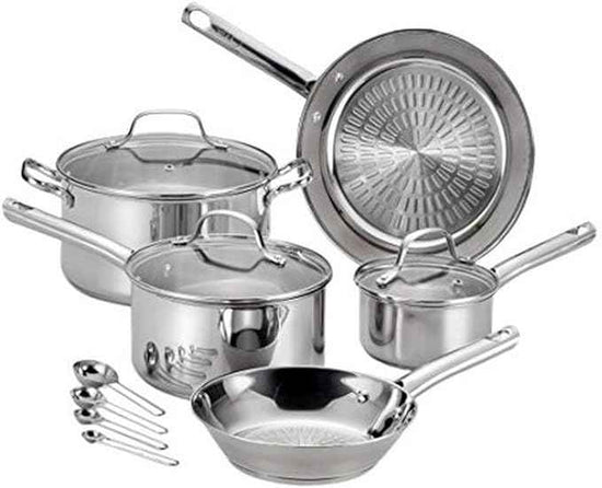 T-fal Performa Stainless Steel Cookware Set 12 Piece Induction Oven Broiler Safe 500F Pots and Pans, Dishwasher Safe Silver