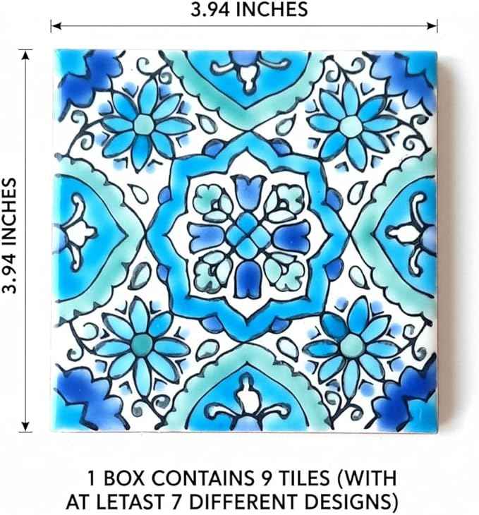 DYARI Set of 9 Decorative Ceramic Tiles – Hand Painted Indoor & Outdoor – Artisan Top Kitchen – Mediterranean Decorative 4x4 / One Tile Durable Colorful (Turquoise & Blue, 9 Tiles (1 Sq Ft))