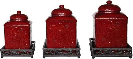 HiEnd Accents Savannah 3 Piece Ceramic Dinnerware Square Canister Set with Base, Red Tooled Leather Floral Pattern, Modern Rustic Western Style