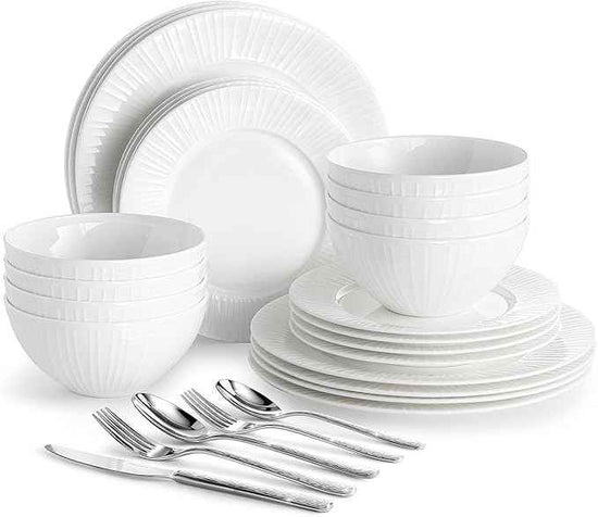KINGSTONE 24-Piece Bone China Dinnerware Set with 40-Piece flatware, White Lightweight Porcelain Service for 8, for Family Dining, Restaurants, Gifting，Microwave and Dishwasher Safe