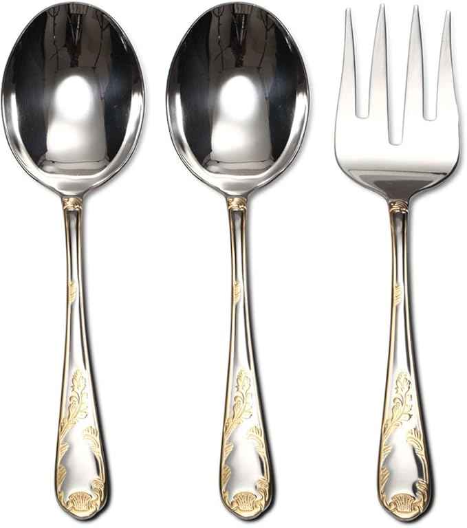Venezia Collection Gold Flatware Serving Set for 12, 75-Pc Luxury Dining Silverware Cutlery Service, 24 Kt 18/10 Premium Surgical Stainless Steel Hostess Set in a Wooden Storage Case Chest (Biscotti)