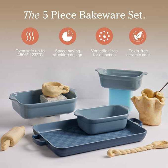 Our Place Bakeware Set | 5-Piece Ceramic Bakeware Collection with Stovetop-to-Oven Griddle Pan | PFAS-Free Non-Toxic Nonstick Pans, Oven Mat & Baking Dishes | Blue Salt