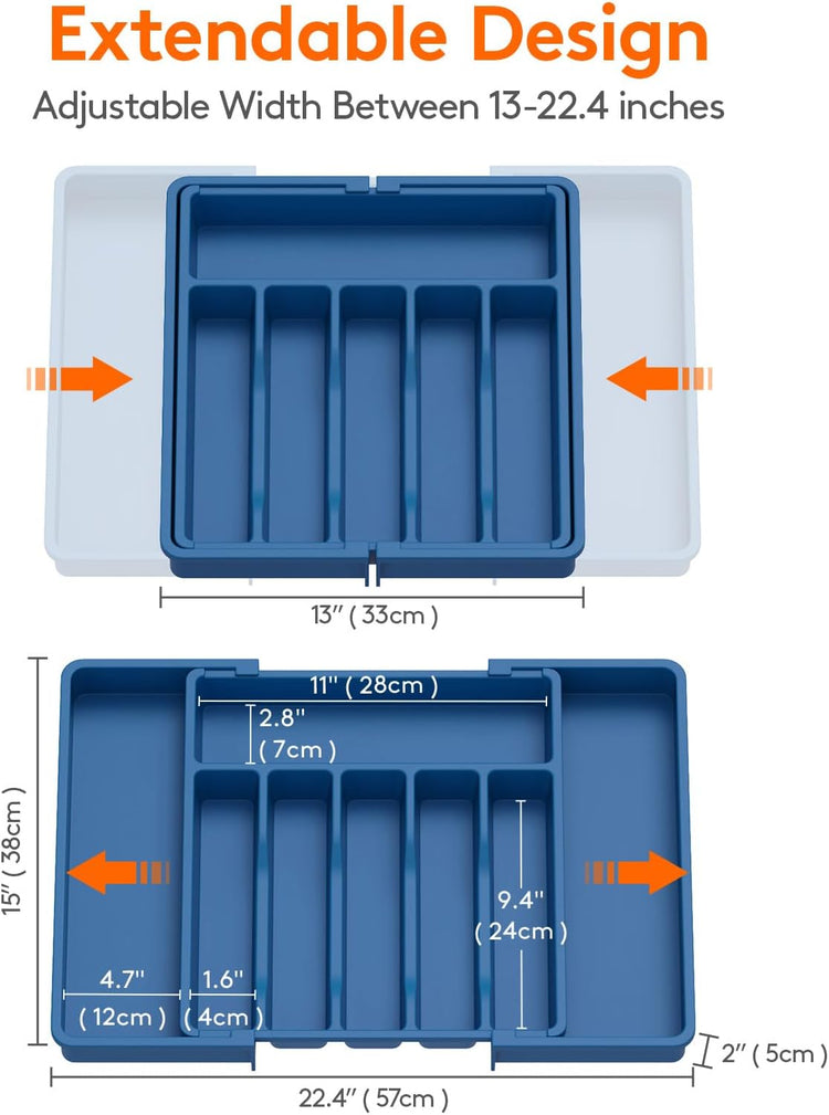 Lifewit Silverware Drawer Organizer, Expandable Utensil Tray for Kitchen, BPA Free Flatware and Cutlery Holder, Adjustable Plastic Storage for Spoons Forks Knives, Large, Dark Blue