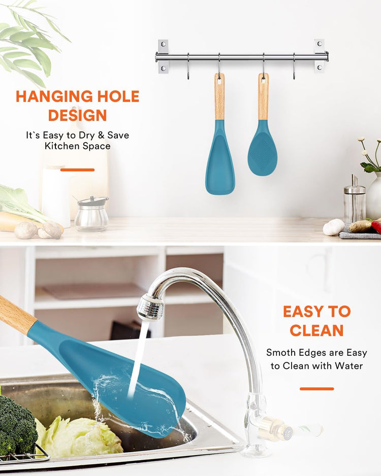 Cooking Spoon and Rice Scooper for Nonstick Cookwares, Great for Cooking and Serving Sturdy BPA-Free Matte Silicone, Wood Handle Spoon for Mixing, Scoop, and Scrape, Turquoise - Nestoria