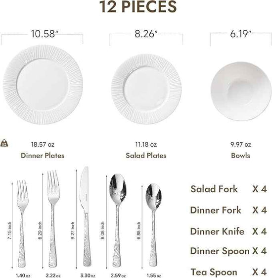 KINGSTONE 12-Piece Bone China Dinnerware Set with 20-Piece flatware, White Lightweight Porcelain Service for 4, for Family Dining, Restaurants, Gifting，Microwave and Dishwasher Safe