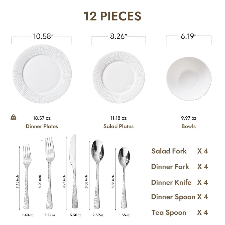 12Pc Bone China Dinnerware Set & 20Pc Flatware Combo Set for 4