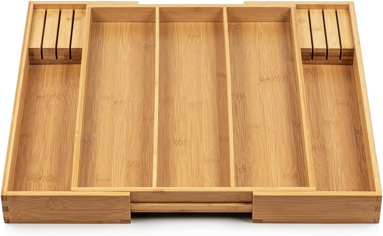 Purawood Kitchen Drawer Organizer with Knife Blocks - Utensil Drawer Organizer for Kitchen, Cutlery Tray & Silverware Organizer, 3-5 Slots - Bamboo Organizer for Utensils & Flatware (Natural)
