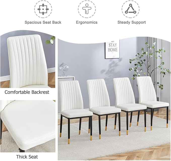 Modern Dining Chairs Set - 4 White PU Leather Armless Chairs with Metal Legs for Dinner Room, Office, Waiting Room