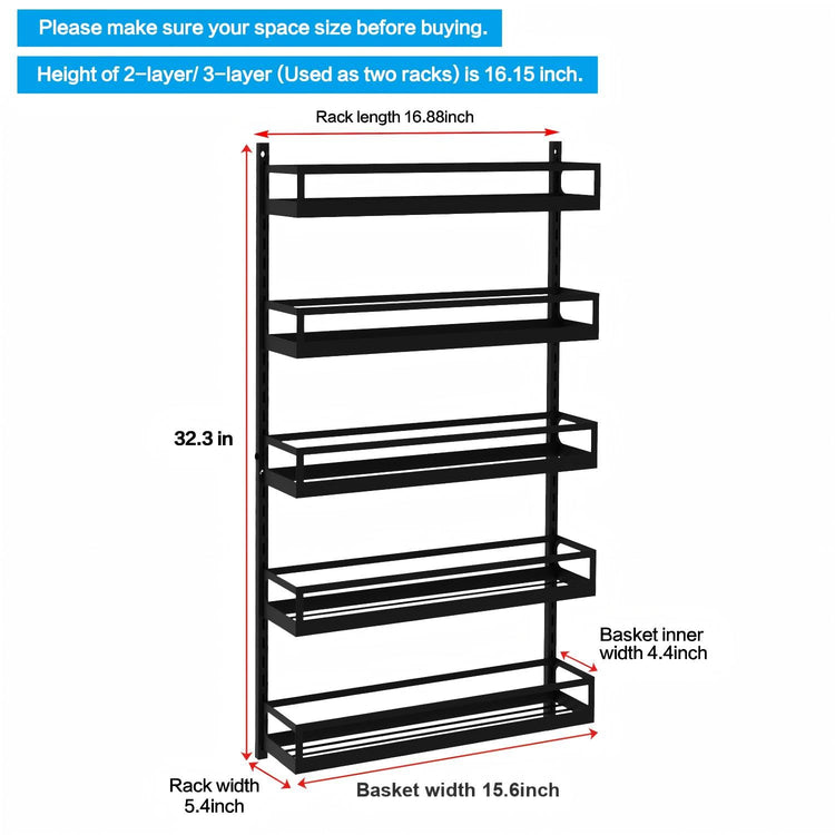 Wall Mount Spice Rack Organizer 5 Tier Height