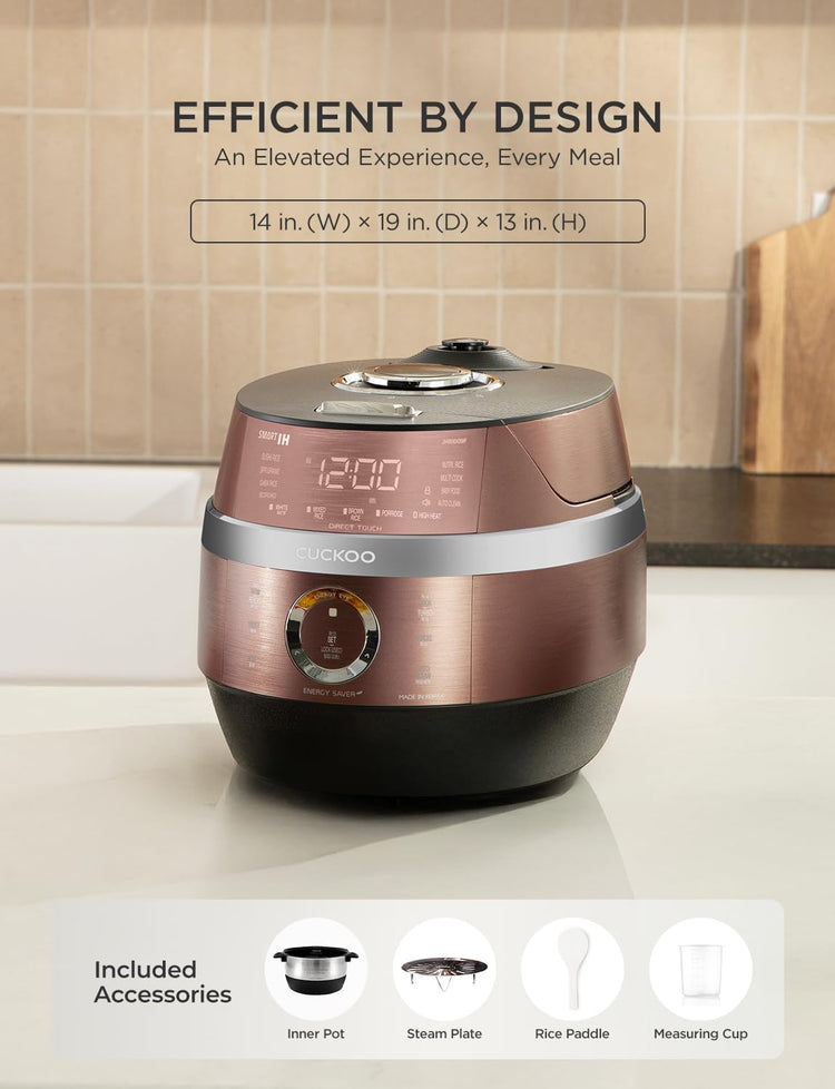 CRP-JHR1009F | 10-Cup (Uncooked) Induction Heating Pressure Rice Cooker | 19 Menu Options, Auto-Clean, Voice Guide, Made in Korea | Copper