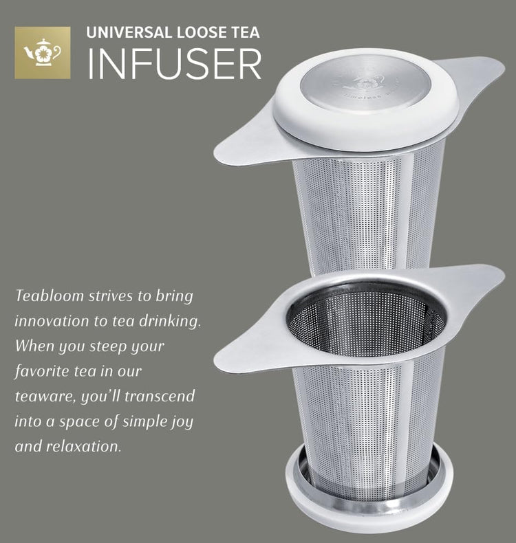 Teabloom Universal Loose Tea Infuser with Dual-Purpose Lid/Dish – Fits Cups, Mugs, Teapots – Tea Connoisseur's Choice – Steep Tea or Coffee