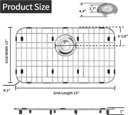 23’’ x 13’’ Stainless Steel Sink Grid, Sink Protectors for Kitchen Sink, Sink Protector with Rear Drain for Single Sink Bowl, Sink Bottom Grid, Sink Grate for Bottom with Sink Strainer