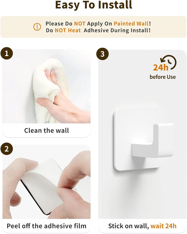 Square Self Adhesive Towel Hooks - 2 Pack Matte White Metal Hooks, Right-Angle Design for Towels, Robes & Hats, Organize Bathroom, Kitchen, Entryway, Doors, Cabinets on Smooth Surfaces