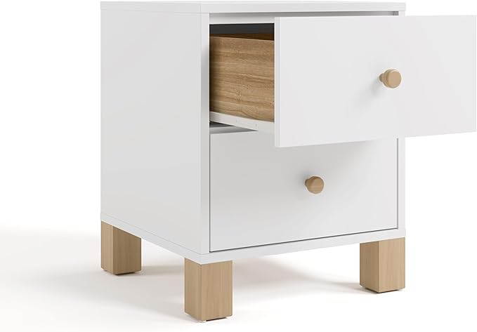 Storkcraft California 2 Drawer Nightstand (White with Driftwood) - GREENGUARD Gold Certified Nightstand for Kids Bedroom, Premium Wood Storage with Elegant, Iconic Block Feet