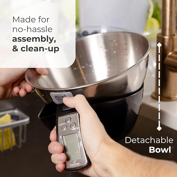 Fradel Digital Kitchen Food Scale with Bowl - 11lb, Grams & Ounces - Removable, Dishwasher-Safe Mixing Bowl - Black