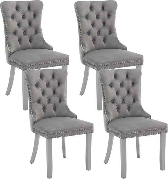 Velvet Dining Chairs Set of 4, Kitchen & Dining Room Chairs, Upholstered Dining Chairs with Back Ring Pull and Silver Solid Wood Legs, Modern Tufted Kitchen Chairs for Dining Room, Light Grey