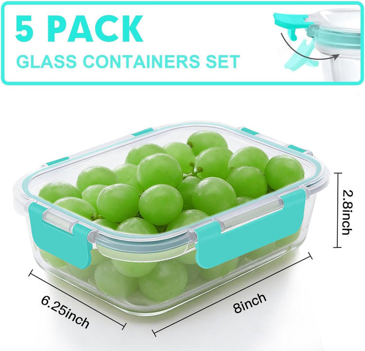 5 PACK 36 OZ Glass Meal Prep Containers Set with Lids (5 Count)