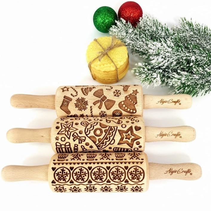 CHRISTMAS FUN 3 Kid Rolling Pin Set. Wooden Laser Cut Embossing Cut Mini Rolling Pins for Embossed Cookies. Gift for Kid