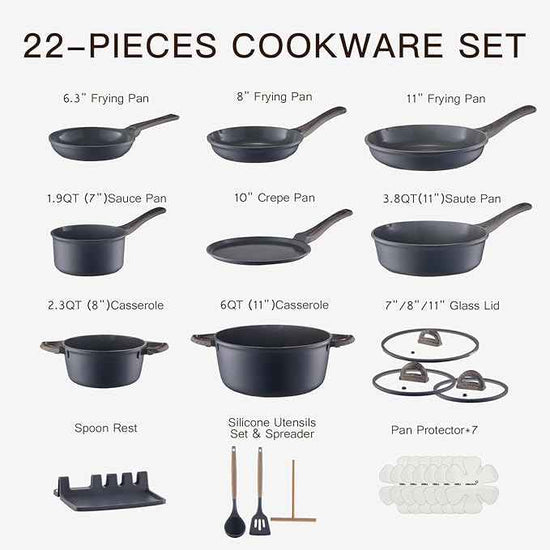 Pots and Pans Set Nonstick 22 Pcs, Ceramic cookware set Non-Toxic CoatingGray Granite Kitchen Cookware Set, Induction Kitchen Cooking Set w/Frying Pans, Saucepans & Glass Lids, PFOS & PFOA Free