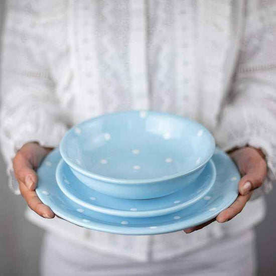 Handmade Light Sky Blue and White Polka Dot Ceramic 12 piece Dinnerware Set | Pottery Tableware Service for 4 | Dinner Plates | Side Plates | Bowls | Housewarming Gift by City to Cottage®