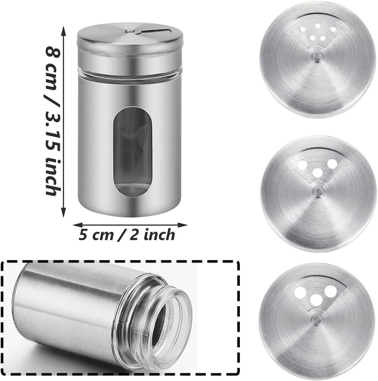 6 Pack Salt and Pepper Shakers, 80ml Spice Jars with Shaker lids, Salt Shakers Glass with Adjustable Pour Holes, Stainless Steel Seasoning Containers, Spice Bottles Glass for Kitchen