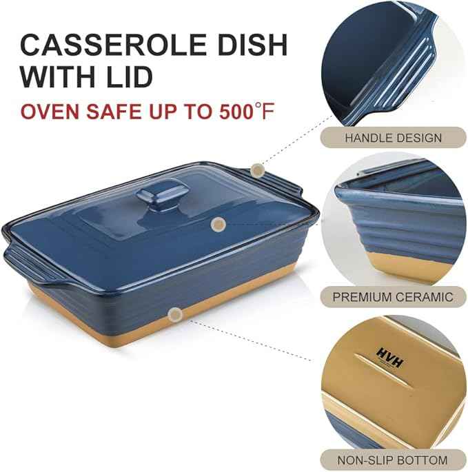 HVH Ceramic Casserole Dish with Lid Oven Safe, 3.5 Quart Large Casserole Dish, Covered Rectangular Casserole Dish Set, 9x13 Casserole Dish, Baking Dishes for Casseroles, Farmhouse Style (Blue)