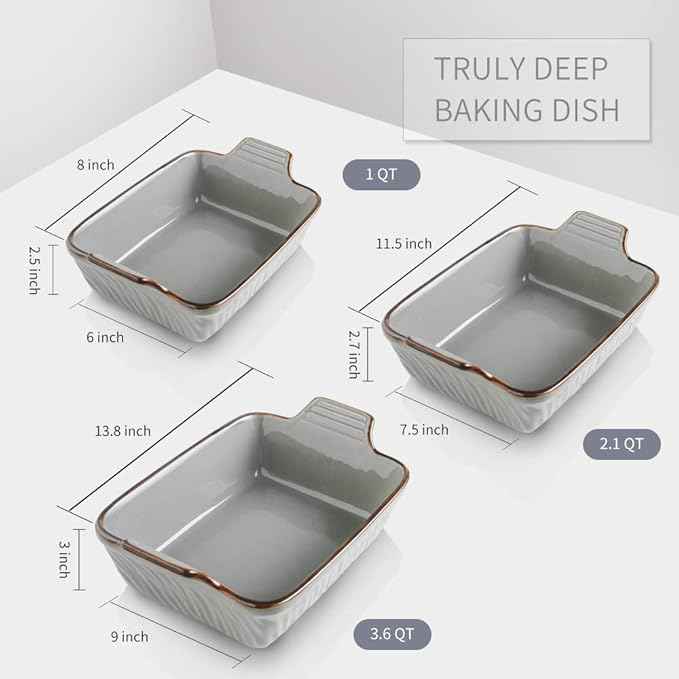 KOOV Bakeware Set, Ceramic Baking Dish Set, Rectangular Casserole Dish Set, Lasagna Pans for Cooking, Cake Dinner, Kitchen, 9 x 13 Inches, Texture Series 3-Piece (Grey)