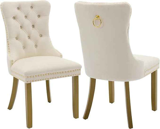 Velvet Dining Chairs Set of 2, Kitchen & Dining Room Chairs, Upholstered Dining Chairs with Back Ring Pull and Golden Solid Wood Legs, Modern Tufted Kitchen Chairs for Dining Room, Cream