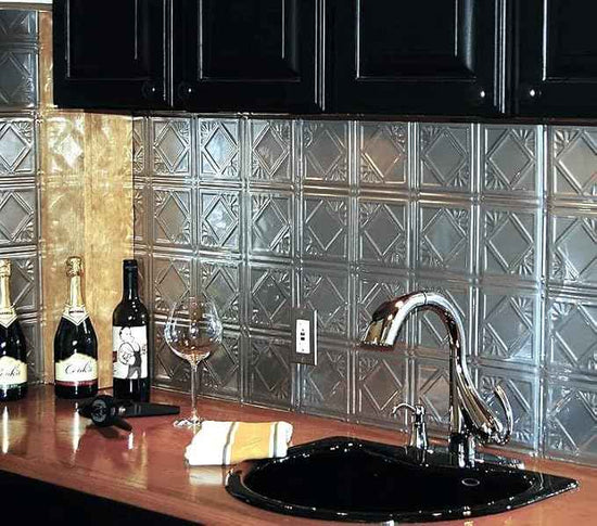 American Tin Ceilings Tin Backsplash [5-Pack with Trim Kit] in Pattern #19 and Brushed Satin Nickel Color 24" x 24" (20 Sq Ft) for Kitchens | Genuine Tin | Made in The USA | Model: kit5-b-p19-sbn