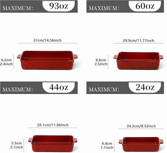 VICRAYS Ceramic Bakeware Set, Porcelain Rectangular Lasagna Pans Casserole Dish Set for Baking, Cooking, Kitchen, Cake Dinner, Banquet and Daily Use, 4 PCS, Cherry Red(9.52"/11.06"/11.77"/14.56")