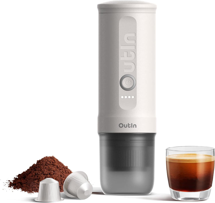 OutIn Nano Portable Electric Espresso Machine, Travel Coffee Maker for Camping, Car Coffee Maker Self-Heating with USB-C, With Ground Coffee & NS Capsule for RV, Hiking, Office