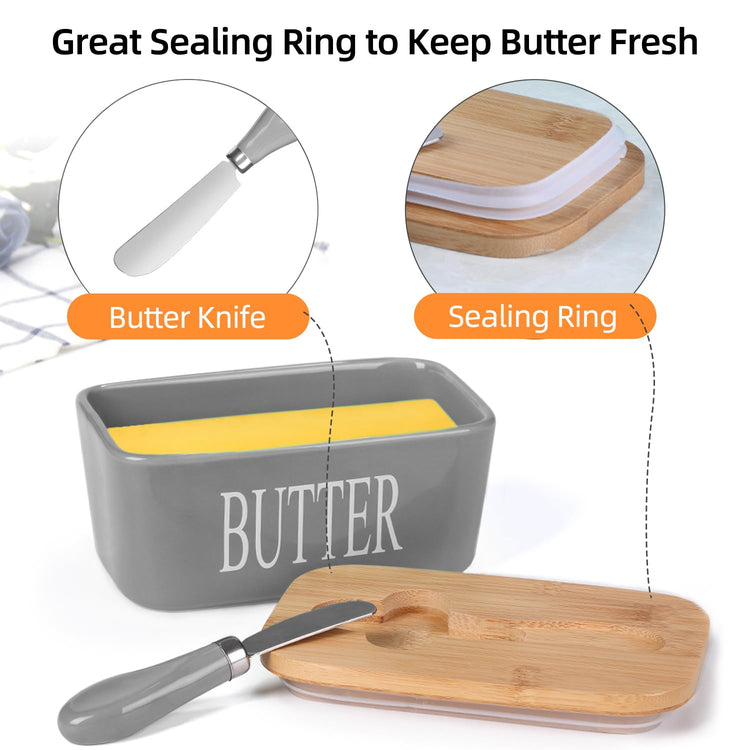 Ceramic Butter Dish with Bamboo Lid and Stainless Steel Knife Spreader Grey