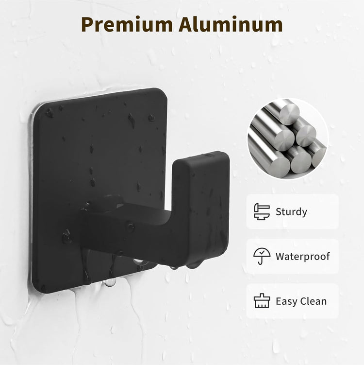 Square Self Adhesive Towel Hooks - 6 Pack Matte Black Metal Hooks, Right-Angle Design for Towels, Robes & Hats, Organize Bathroom, Kitchen, Entryway, Doors, Cabinets on Smooth Surfaces