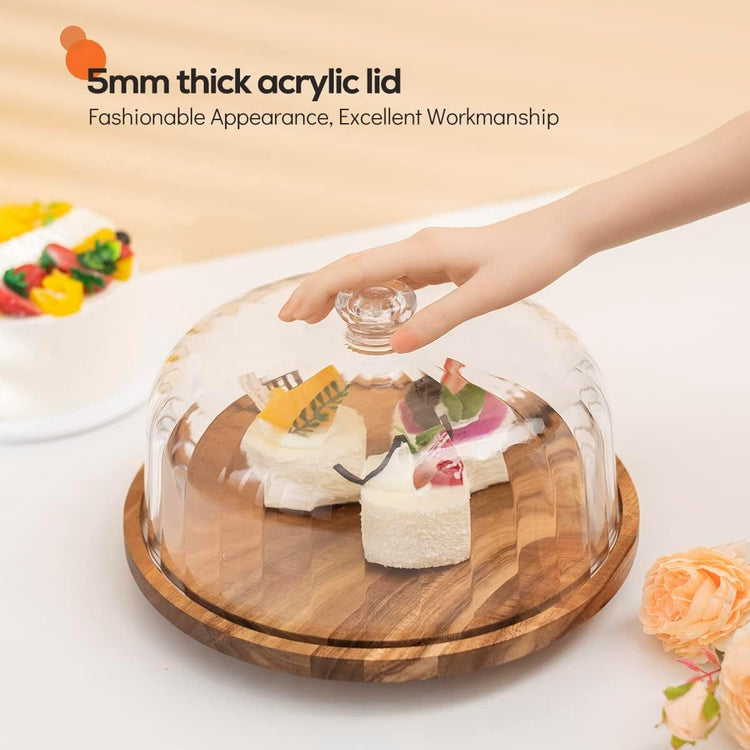 cutesun acacia wood cake stand with lid, 11.8'' Rotating Cake Stand with Dome, Shaterproof 10.4'' Acrylic Cake Display Cover, Cake Holder Tray for Wedding Gift，Kitchen,Birthday,Parties,Baking Gifts