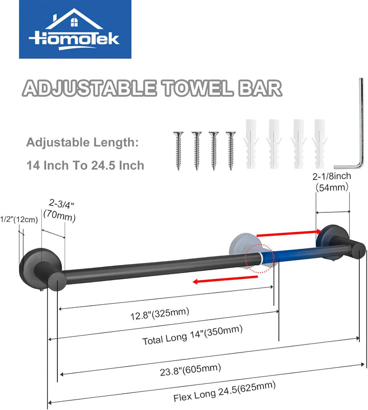 Towel Bar Adjustable Bathroom Towel Holder, HOMOTEK Size from 14 Inch to 24.5 Inch Single Towel Racks, Towel Hanger Hook for Bathroom, Kitchen(Thickened 1 Pack Matte Black)