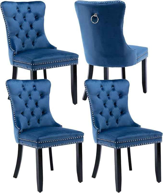 Upholstered Dining Chairs Set of 4, Velvet Dining Room Chairs with Back Ring Pull Trim and Solid Wood Legs, Tufted Wingback Kitchen Chair Perfect for Dining Room,Living Room,Kitchen(Blue)