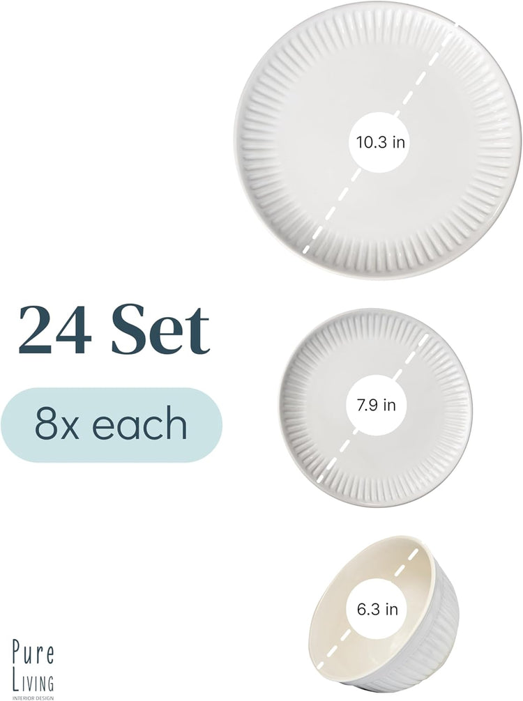 Stoneware Dinnerware Set for 8 People HYGGE 24-Piece - Elegant Scandi Design - Premium Dish Set - Bowl and Plate Set - Tableware for 8 People in a Ribbed Design - Pure Living in White