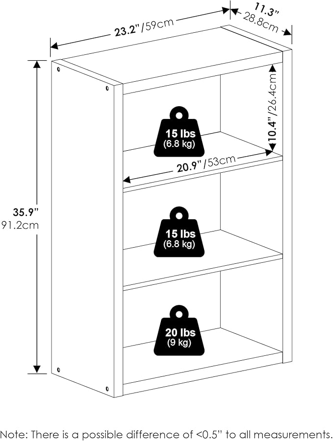 Furinno Viola Book Shelf, 3-Tier Bookshelf, Extra Thick Frame Bookcase with Open Shelf, Open Back Design, 11.3" x 23.2" x 35.9", for Living Room, Bedroom, Home Office, Black Dark Oak
